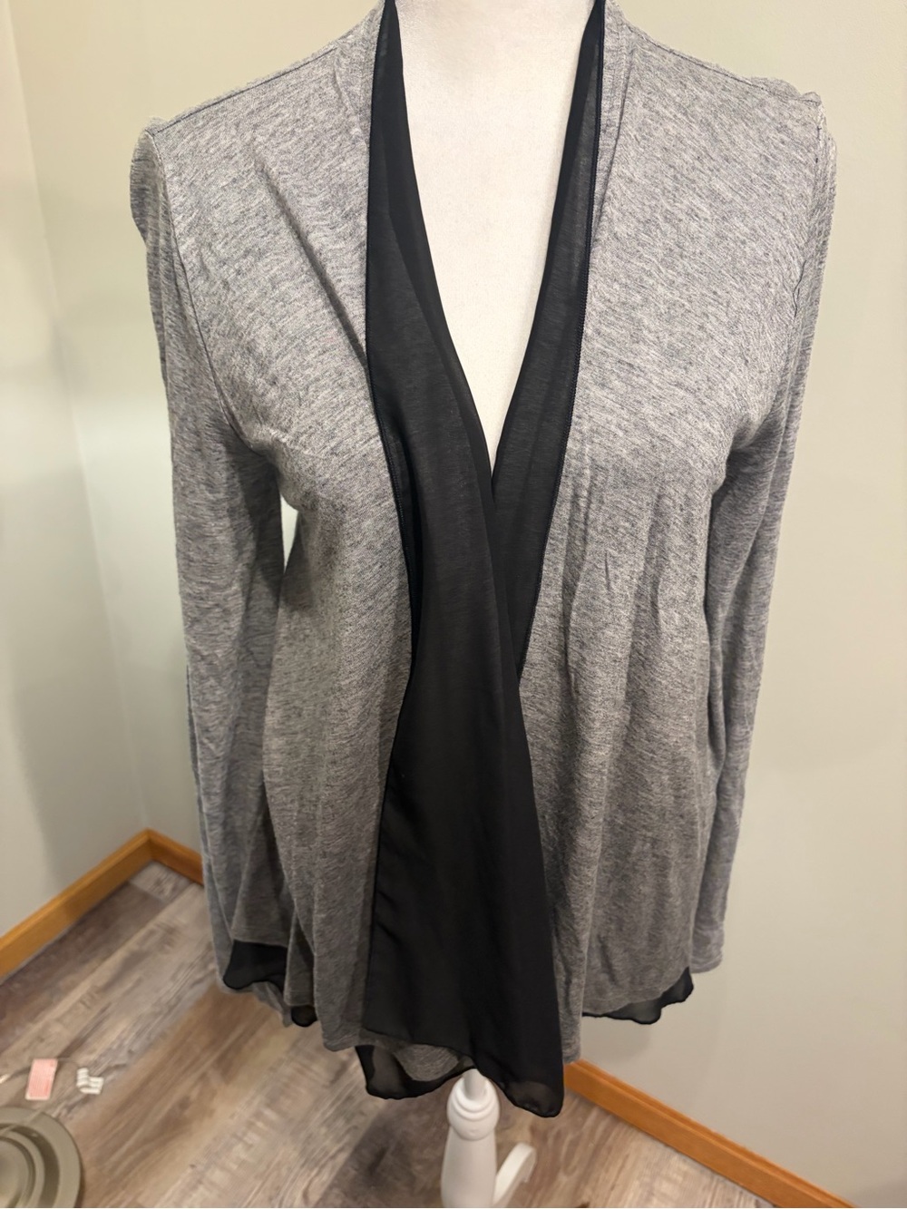 White House Black Market Gray Sweater with Black Draped Trim